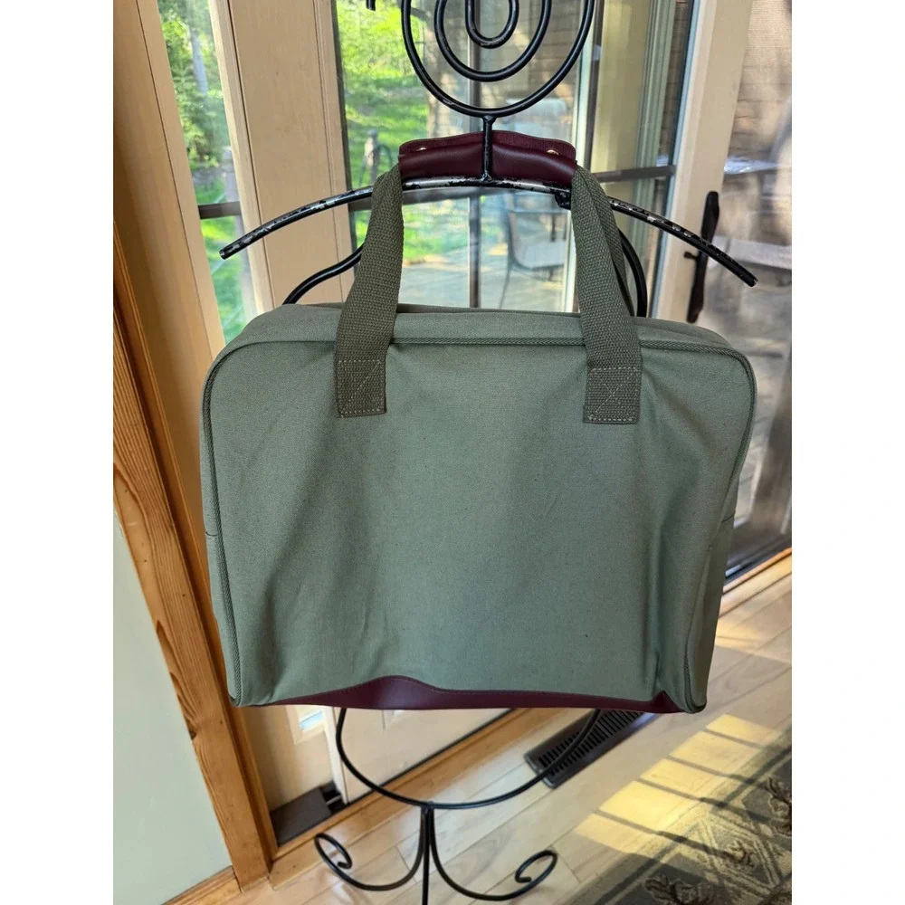 Lulu Canvas Messenger Laptop Bag Olive Green Burgundy Gold Buckle Briefcase